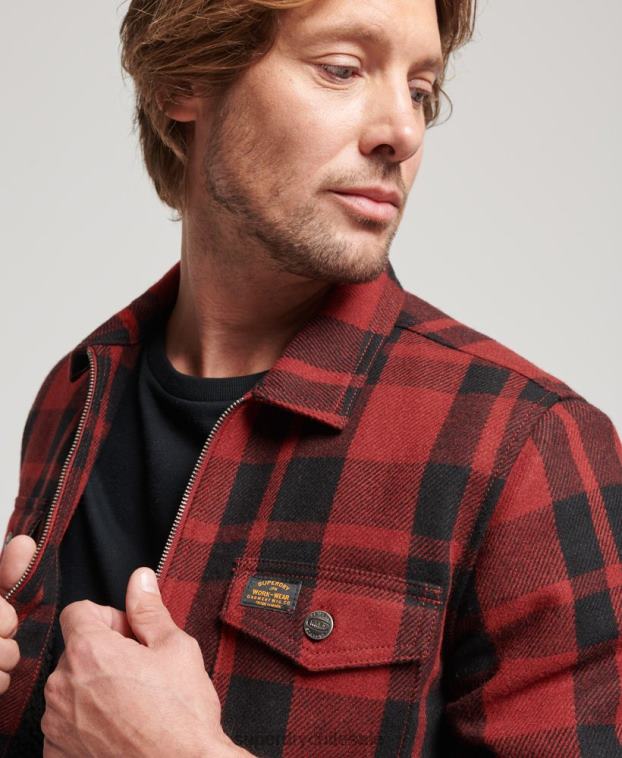 hombres Superdry rojo sobrecamisa a cuadros de lana con forro de borrego y cremallera 2R68Z153