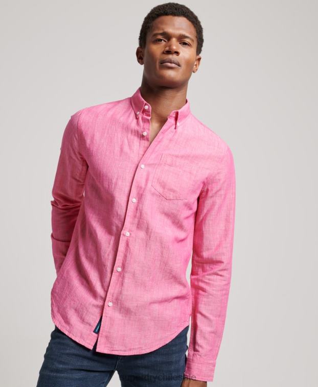 hombres Superdry rosa camisa de lino con botones de algodón orgánico studios 2R68Z133
