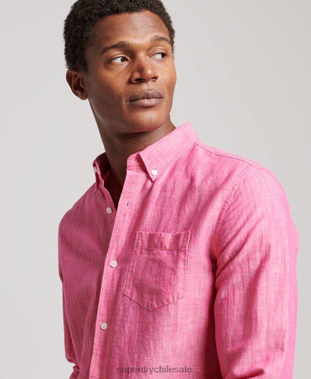 hombres Superdry rosa camisa de lino con botones de algodón orgánico studios 2R68Z133