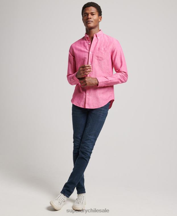 hombres Superdry rosa camisa de lino con botones de algodón orgánico studios 2R68Z133