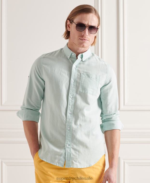 hombres Superdry verde camisa de manga larga de lino y algodón 2R68Z6440
