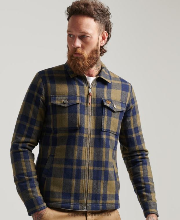 hombres Superdry verde sobrecamisa a cuadros de lana con forro de borrego y cremallera 2R68Z186