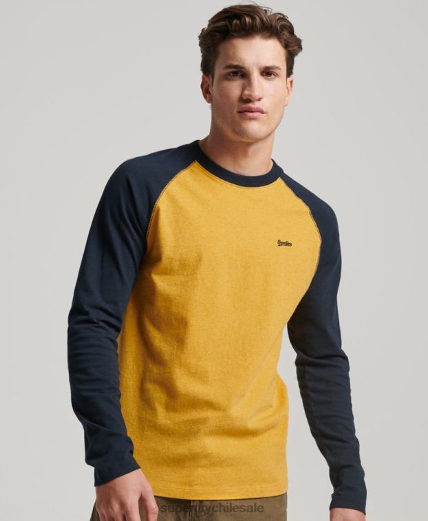 hombres Superdry amarillo top básico de béisbol de manga larga de algodón orgánico 2R68Z1484