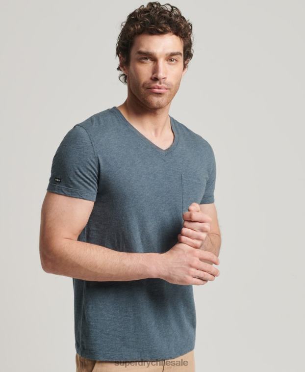 hombres Superdry azul camiseta de algodón orgánico con cuello de pico y bolsillo flameado 2R68Z4819