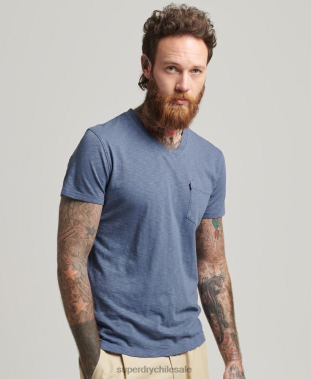hombres Superdry azul camiseta de algodón orgánico con cuello de pico y bolsillo flameado 2R68Z4936