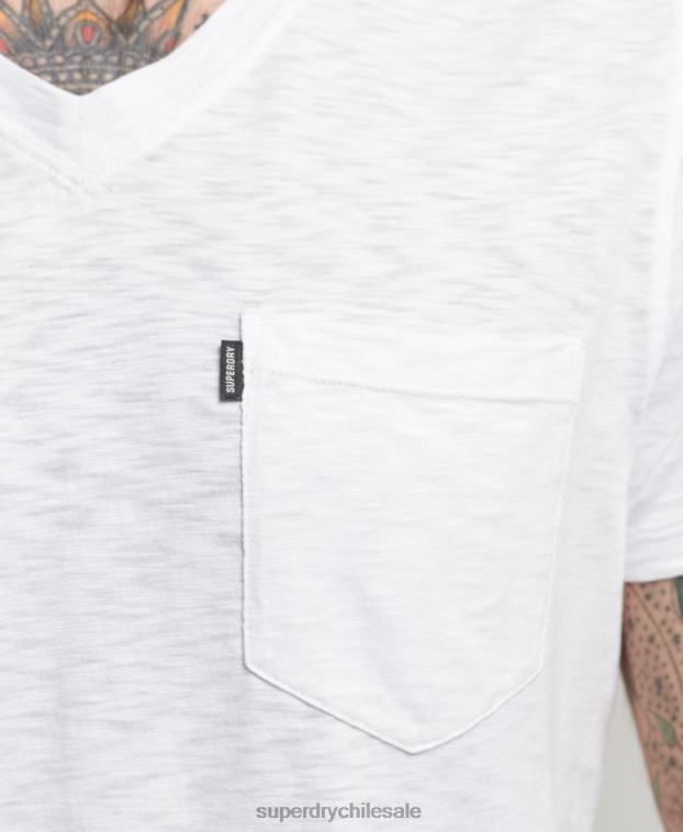 hombres Superdry blanco camiseta de algodón orgánico con cuello de pico y bolsillo 2R68Z4916