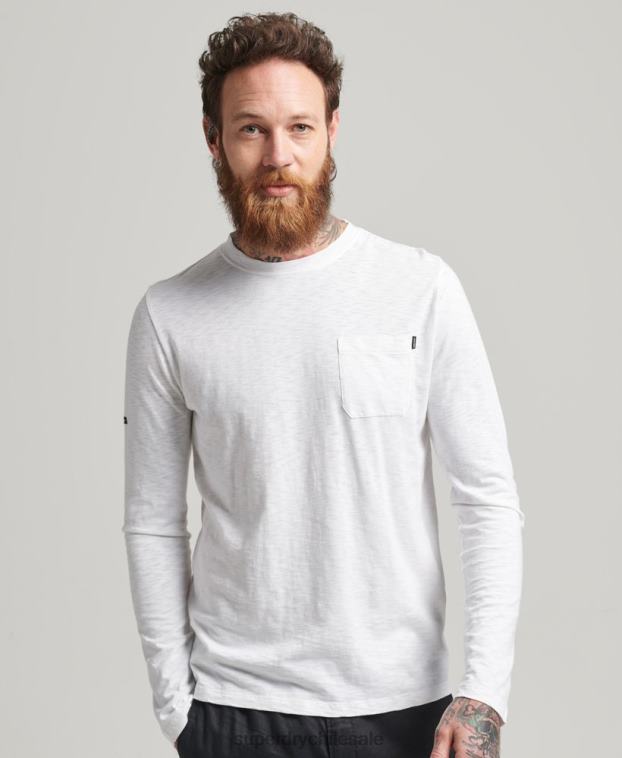 hombres Superdry blanco camiseta de manga larga de jersey flameado de algodón orgánico 2R68Z6435