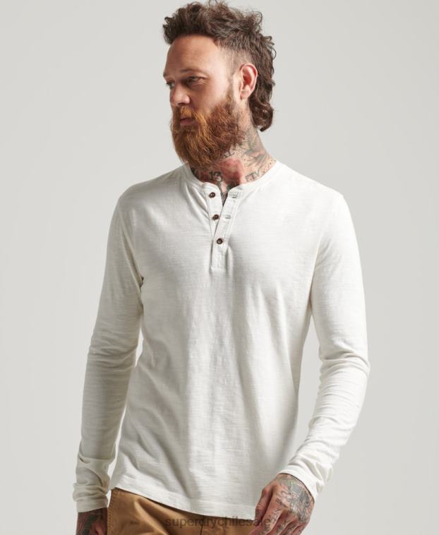 hombres Superdry blanco top de manga larga flameado sobreteñido 2R68Z1531