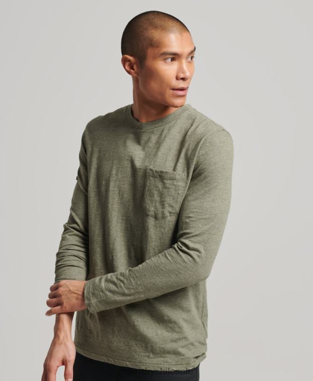 hombres Superdry caqui top de manga larga de punto flameado 2R68Z1541
