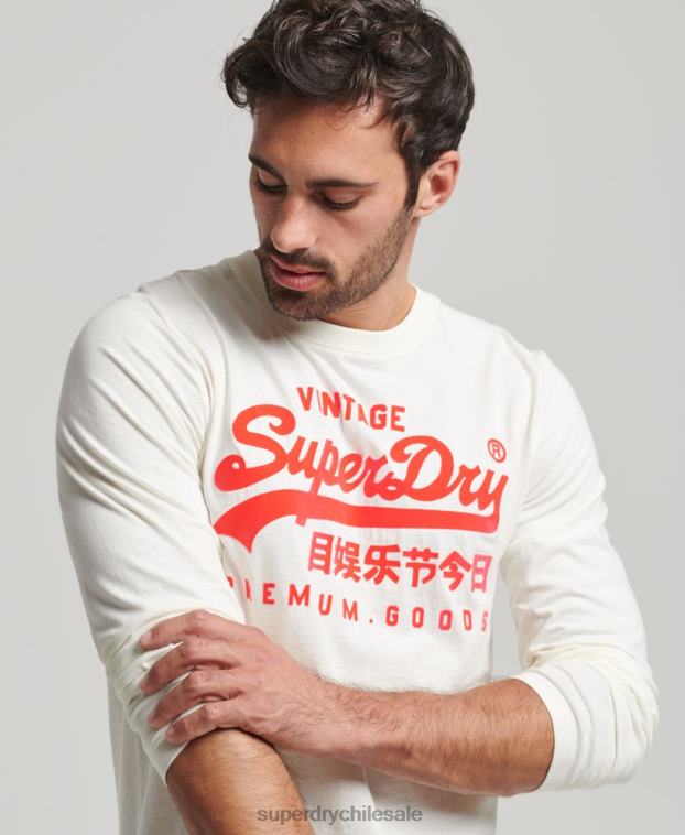 hombres Superdry crema top de manga larga neón con logo vintage 2R68Z1495