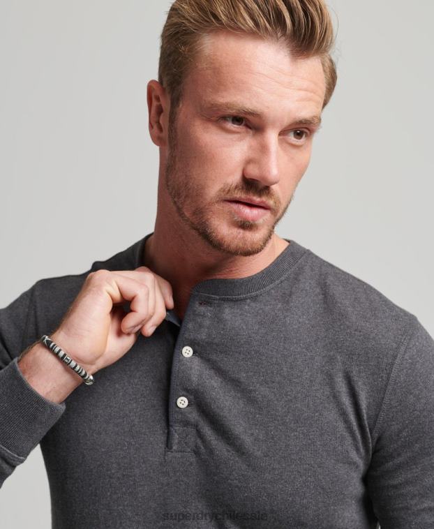 hombres Superdry gris oscuro camiseta henley de manga larga de algodón orgánico 2R68Z6376