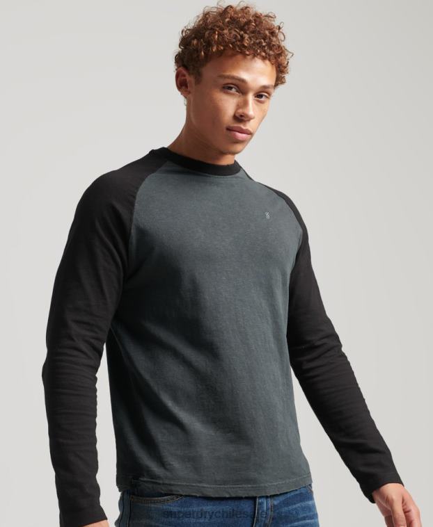 hombres Superdry gris oscuro top de béisbol de manga larga sobreteñido 2R68Z1506
