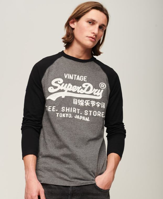 hombres Superdry gris oscuro top de manga larga raglán con logo vintage store 2R68Z86