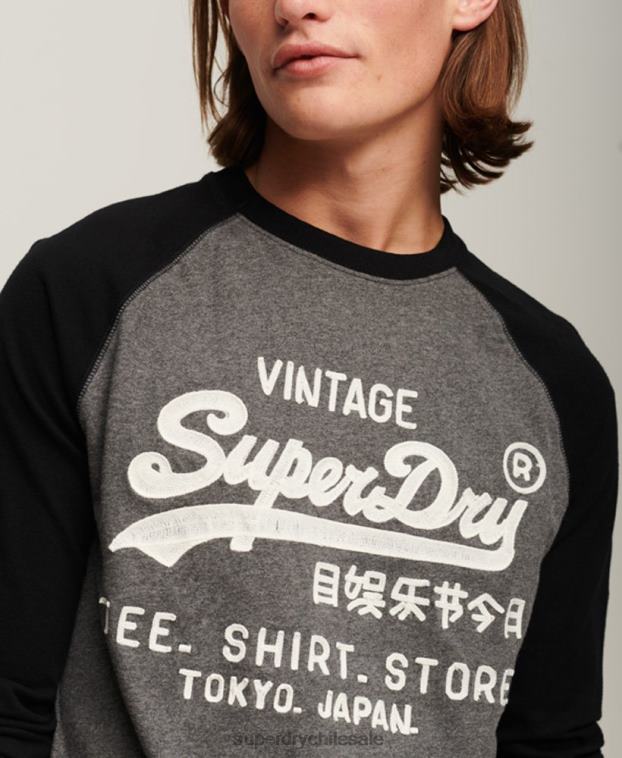 hombres Superdry gris oscuro top de manga larga raglán con logo vintage store 2R68Z86