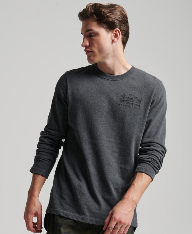 hombres Superdry gris top de manga larga con logo vintage 2R68Z1564