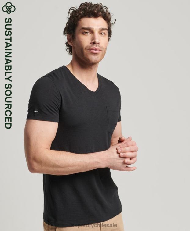 hombres Superdry negro camiseta de algodón orgánico con cuello de pico y bolsillo flameado 2R68Z4862