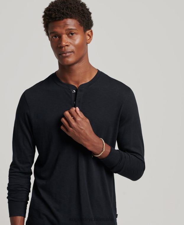 hombres Superdry negro camiseta henley de manga larga 2R68Z1514