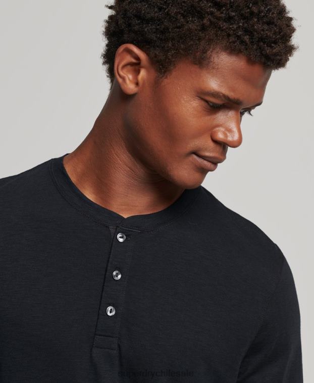 hombres Superdry negro camiseta henley de manga larga 2R68Z1514