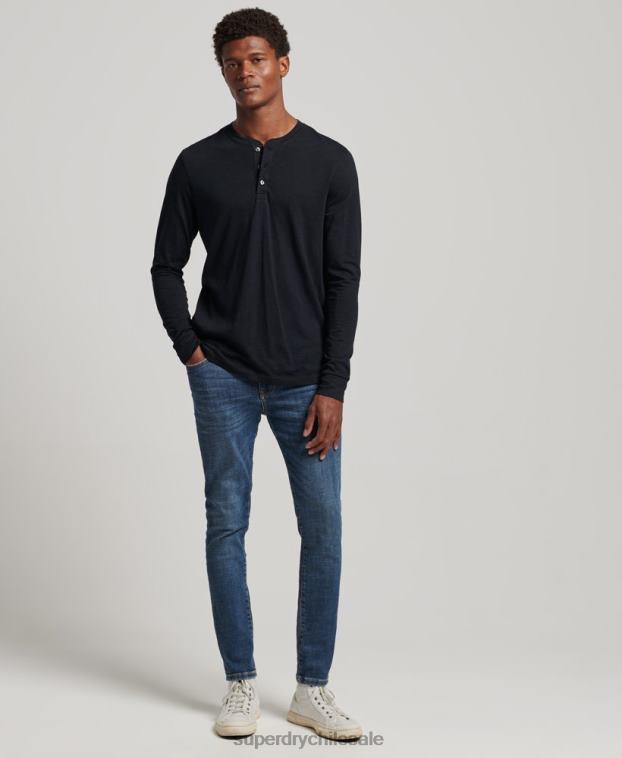 hombres Superdry negro camiseta henley de manga larga 2R68Z1514