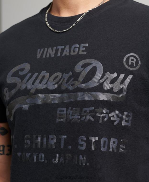hombres Superdry negro playera con logo vintage 2R68Z4987