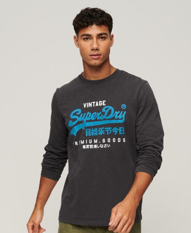 hombres Superdry negro playera de manga larga teñida con logo vintage 2R68Z1469