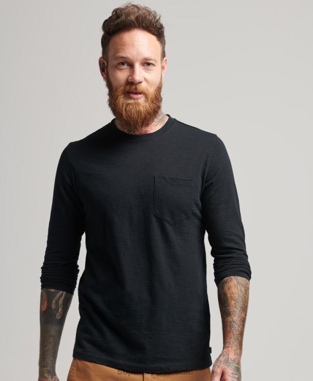 hombres Superdry negro top de manga larga de punto flameado 2R68Z1489