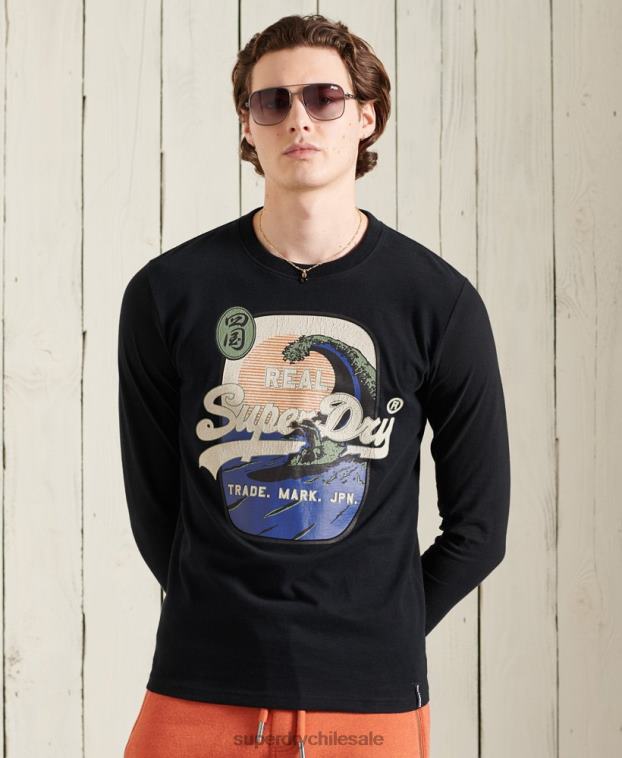 hombres Superdry negro top de manga larga itago con logo vintage 2R68Z1573