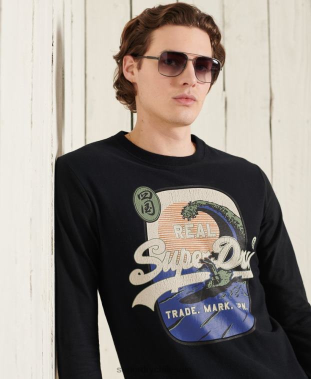 hombres Superdry negro top de manga larga itago con logo vintage 2R68Z1573