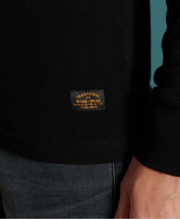 hombres Superdry negro top henley micro textura 2R68Z1588