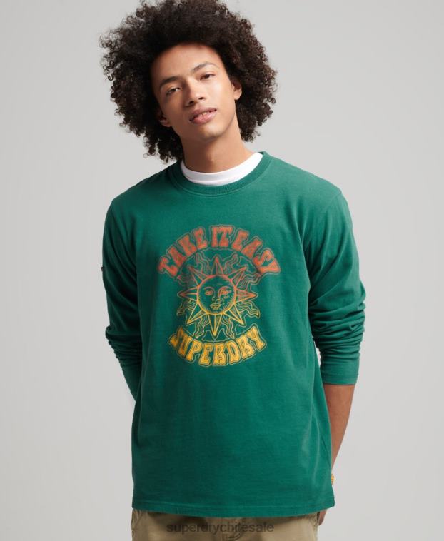 hombres Superdry verde camiseta de manga larga psych rock 2R68Z1554