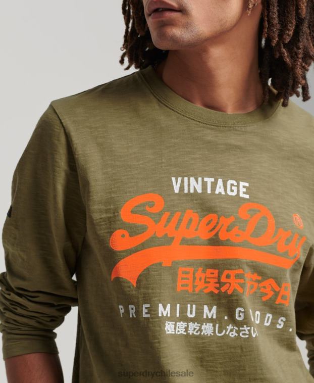 hombres Superdry verde playera de manga larga teñida con logo vintage 2R68Z1485