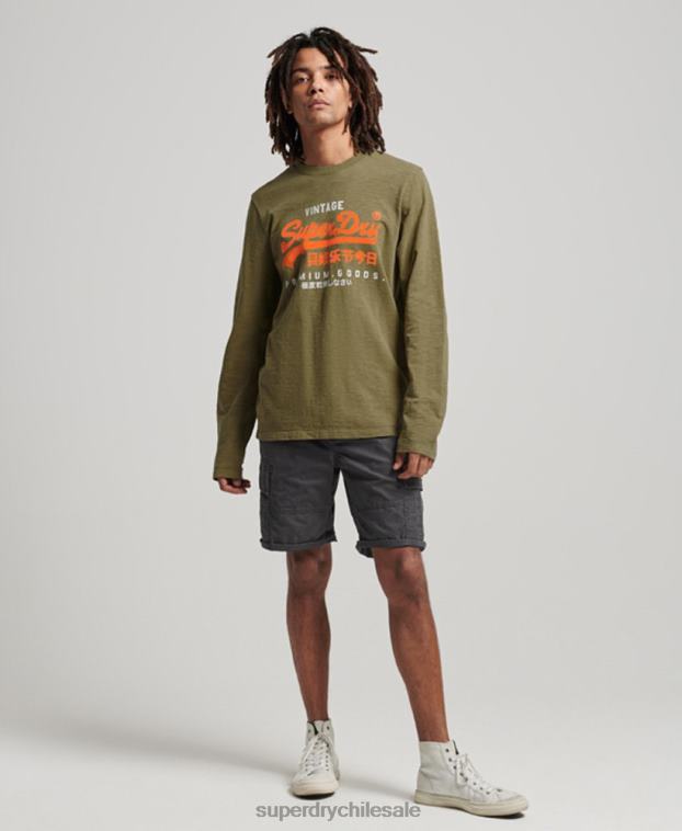 hombres Superdry verde playera de manga larga teñida con logo vintage 2R68Z1485