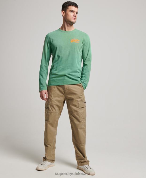 hombres Superdry verde top de manga larga neón con logo vintage 2R68Z1507