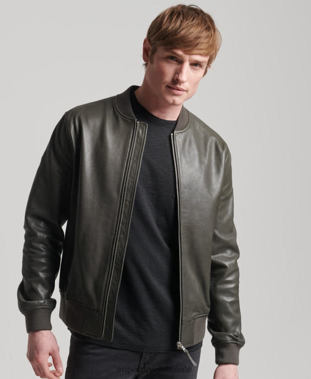 hombres Superdry gris oscuro chamarra bomber de piel studios 2R68Z6455