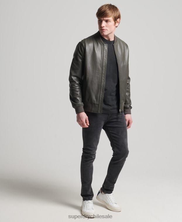 hombres Superdry gris oscuro chamarra bomber de piel studios 2R68Z6455