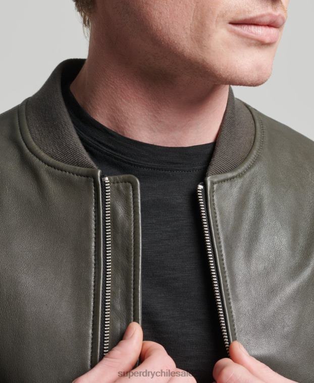 hombres Superdry gris oscuro chamarra bomber de piel studios 2R68Z6455