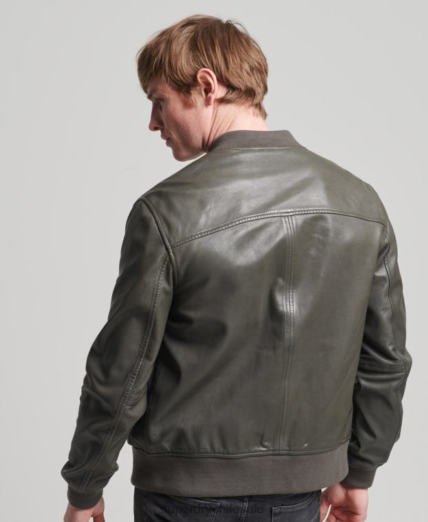 hombres Superdry gris oscuro chamarra bomber de piel studios 2R68Z6455