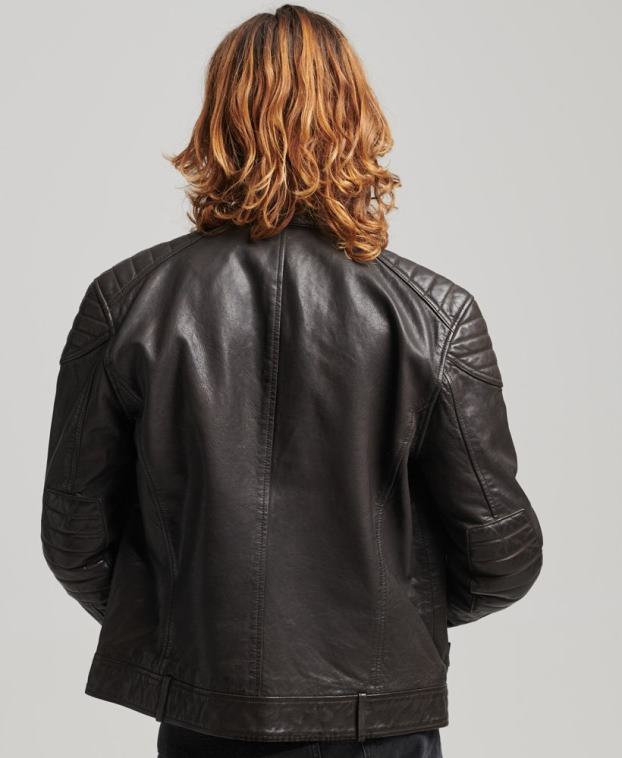 hombres Superdry gris oscuro chaqueta de motociclista de cuero 2R68Z1088