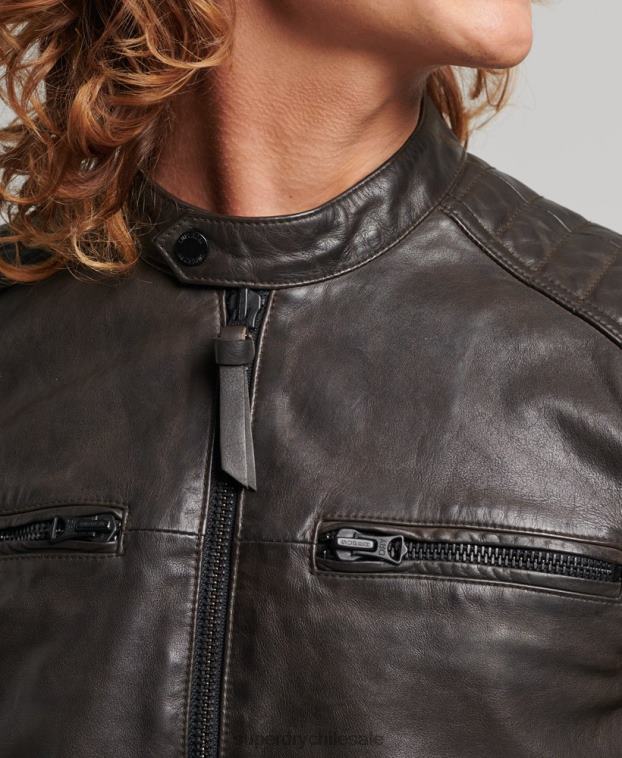 hombres Superdry gris oscuro chaqueta de motociclista de cuero 2R68Z1088