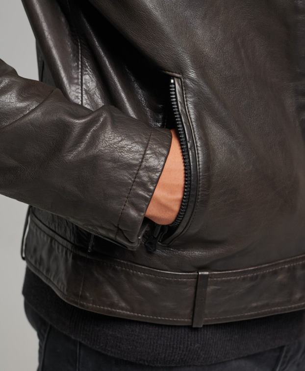 hombres Superdry gris oscuro chaqueta de motociclista de cuero 2R68Z1088