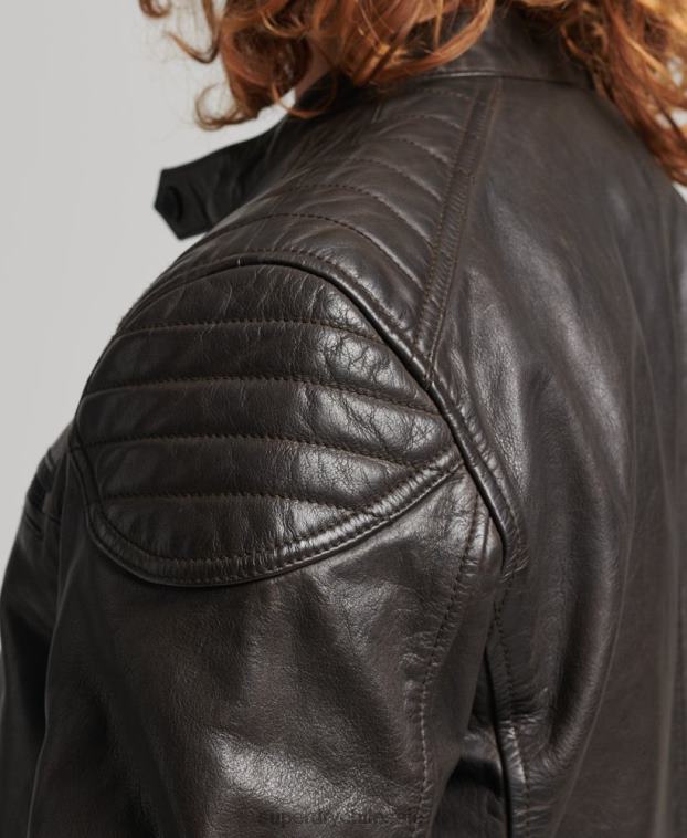 hombres Superdry gris oscuro chaqueta de motociclista de cuero 2R68Z1088