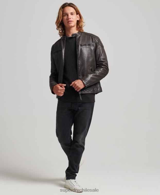 hombres Superdry gris oscuro chaqueta de motociclista de cuero 2R68Z1088