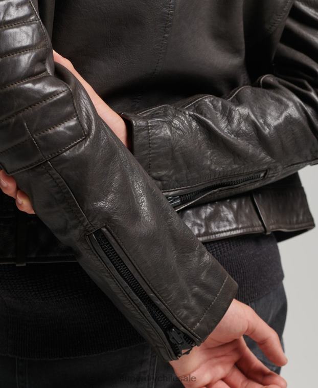 hombres Superdry gris oscuro chaqueta de motociclista de cuero 2R68Z1088