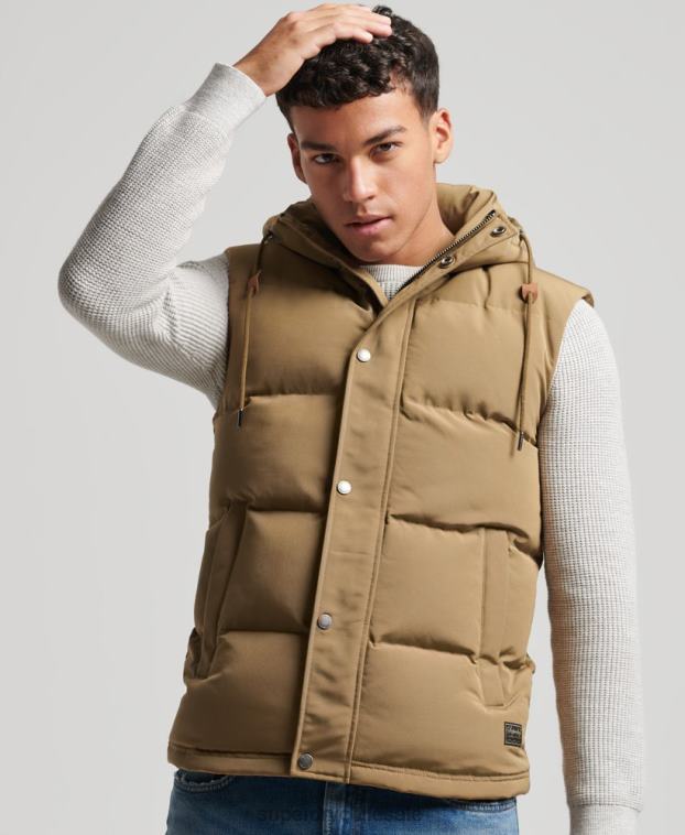 hombres Superdry marrón chaleco acolchado everest con capucha 2R68Z1065