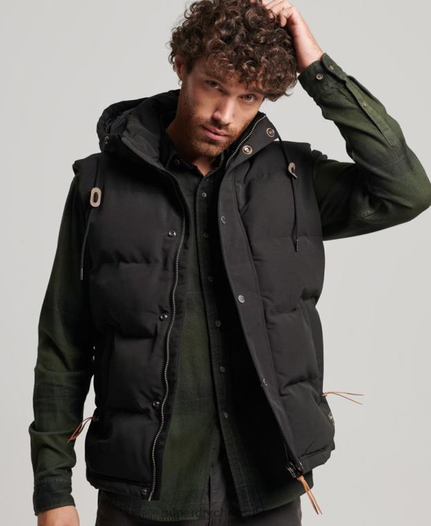 hombres Superdry negro chaleco acolchado everest con capucha 2R68Z929