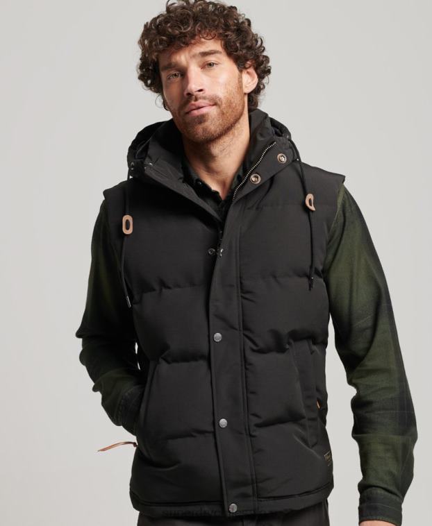 hombres Superdry negro chaleco acolchado everest con capucha 2R68Z929