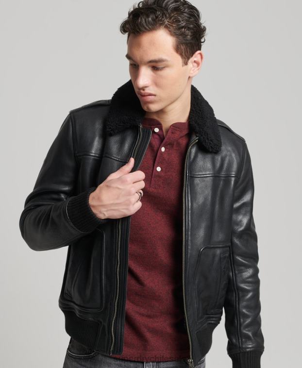 hombres Superdry negro chamarra bomber de aviador de cuero 2R68Z4782