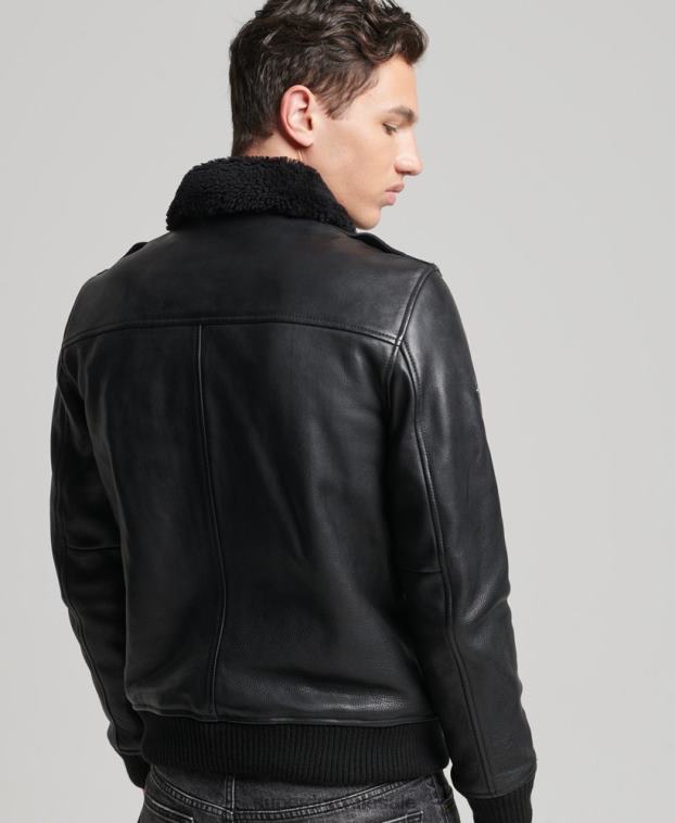 hombres Superdry negro chamarra bomber de aviador de cuero 2R68Z4782