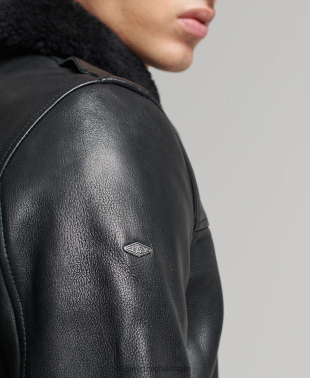 hombres Superdry negro chamarra bomber de aviador de cuero 2R68Z4782
