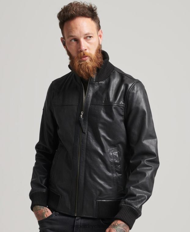 hombres Superdry negro chamarra bomber de piel con cuello de punto 2R68Z1108